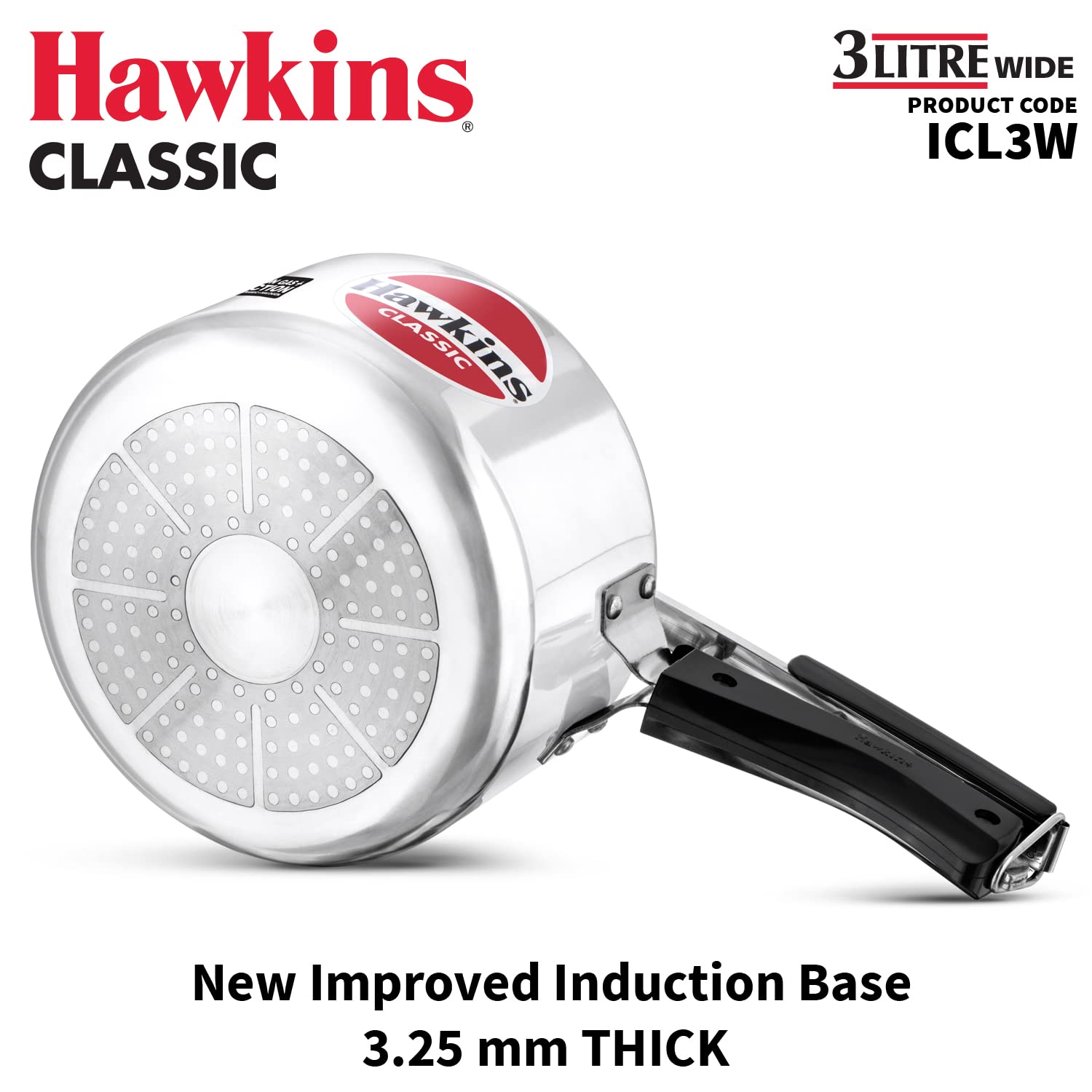 Hawkins Classic 3 Litre Inner Lid Aluminium Pressure Cooker, Induction Cooker, Wide Design Pan Cooker, Best Cooker, Silver (ICL3